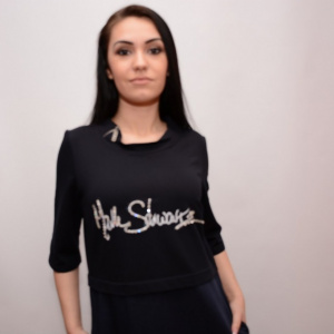 Rochie rafinata cu maneca trei-sferturi, bleumarin imprimeu alb - Img 5