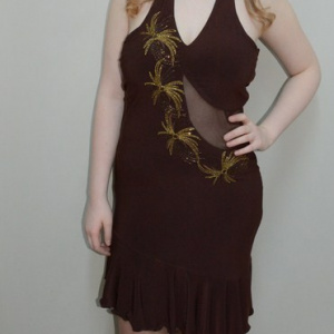 Rochie rafinata de gala, maro, cu insertie de material transparent - Img 2