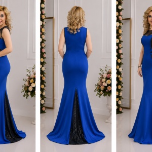 Rochie rafinata de gala, tip sirena, culoare albastra cu paiete negre - Img 3
