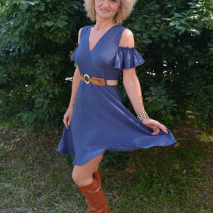 Rochie rafinata de vara, bleumarin, cu maneca crapata la umar - Img 2