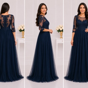 Rochie rafinata din tul stratificat cu aplicatii de dantela, bleumarin - Img 2