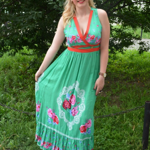 Rochie rafinata model lung, de culoare verde cu design floral - Img 4