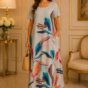 Rochie rafinata Raelynn, nuanta de nisipiu cu design floral