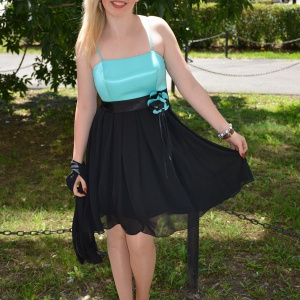 Rochie rafinata, scurta, bicolore , negru-turcuaz - Img 5