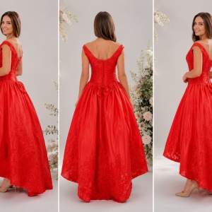 Rochie rosie de gala, din material cu tinuta si croi asimetric - Img 2
