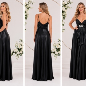 Rochie superba de gala, din saten elegant, cu insertii de paiete negre - Img 3