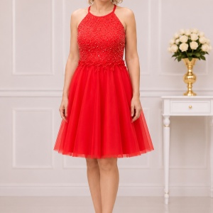 Rochie tinereasca de ocazie, rosie, cu tul si design de margele