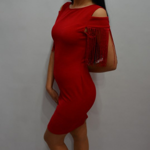 Rochie tinereasca de ocazie, rosie, design de franjuri la maneca - Img 5