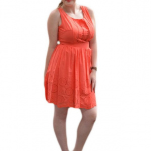 Rochie tinereasca din bumbac, culoare corai, model scurt, lejer - Img 1