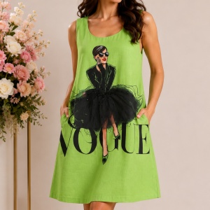 Rochie tip A verde lime cu imprimeu fashion 3D și buzunare