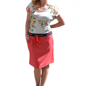 Rochie tip costum, de culoare corai, cu imprimeu in partea de sus - Img 1