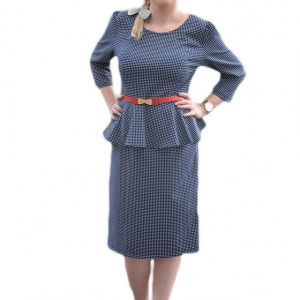 Rochie tip costum masura mare cu imprimeu pepit bleumarin-alb - Img 1