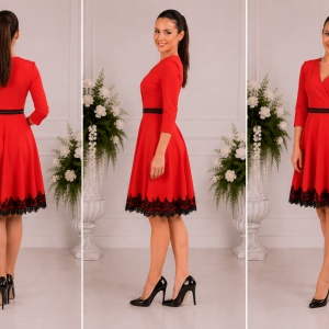 Rochie trendy de nuanta rosie, decolteu in V, insertie de dantela - Img 3