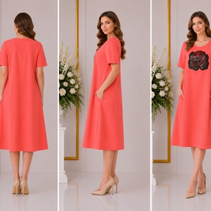 Rochie trendy, tinereasca, culoare corai cu trandafir negru - Img 3