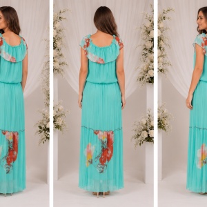 Rochie vaporoasa masura mare, nuanta turcoaz, design creponat - Img 2