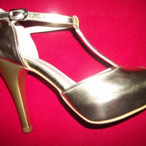 Sanda clasica tip pantof cu platforma, piele ecologica aurie - Img 2
