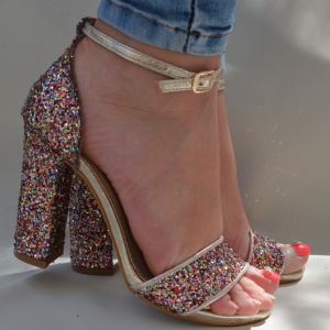 Sanda eleganta cu toc gros, stabil, design de sclipici multicolor - Img 4