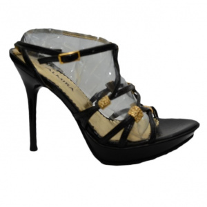 Sanda fashion, eleganta, curele subtiri negre cu insertii aurii - Img 1