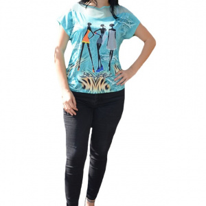Tricou in nuanta de turcoaz, maneci scurte, imprimeu interesant aplicat - Img 1