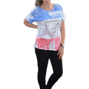 Tricou tineresc cu imprimeu rafinat in fata, alb-bleumarin-rosu - Img 1