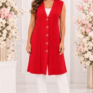 Vestă Damă Lungă Rosu cu cristale fine, din Lână și Acrilic – Model Tricotat Elegant cu Nasturi