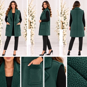 Vestă Lungă Damă Verde cu Buzunare și Guler Pufos – Elegantă și Confortabilă - Img 2
