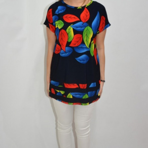 Bluza casual, cu imprimeu de frunze multicolor, pe fundal bleumarin - Img 3