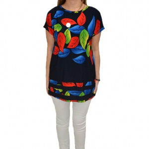 Bluza casual, cu imprimeu de frunze multicolor, pe fundal bleumarin - Img 1