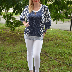 Bluza casual de dama, masura mare, bleumarin cu design alb - Img 2