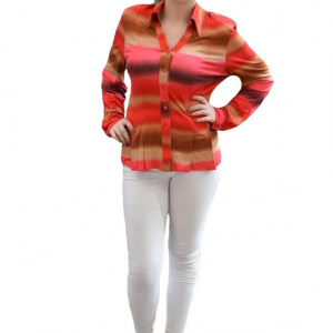 Bluza cazual, tip camasa, marimi mari, combinatie de maro cu rosu - Img 1