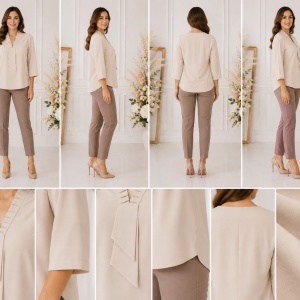 Bluză damă crem elegantă cu decolteu în V și detaliu plisat - Img 2