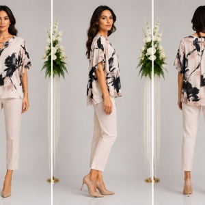 Bluză damă cu imprimeu floral crem-negru-pudra – Croială lejeră, mânecă scurtă, elegantă - Img 3