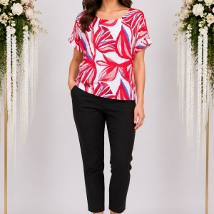 Bluză damă cu imprimeu floral roșu-alb – Croială lejeră, mânecă scurtă, elegantă