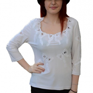 Bluza de ocazie, de culoare alba, cu design de fundite de dantela