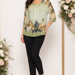Bluza de ocazie din material tip voal ,verde cu imprimeu floral