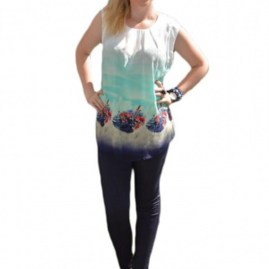 Bluza de vara fara maneci, culoare alba cu imprimeu bleumarin - Img 1