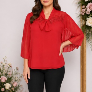 Bluza eleganta Genna din voal cu insertii fine de margele si broderie,rosu
