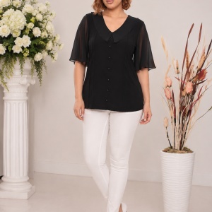 Bluză elegantă neagră cu guler feminin și mâneci vaporoase