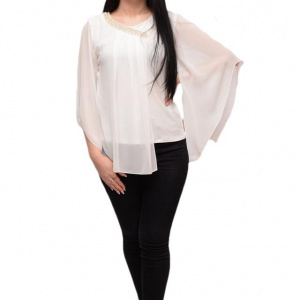 Bluza fashion cu voal si aplicatii de voal simplu, asimetric, alb - Img 1