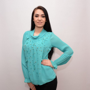 Bluza moderna cu maneca plisata si design de margele, turcoaz - Img 6
