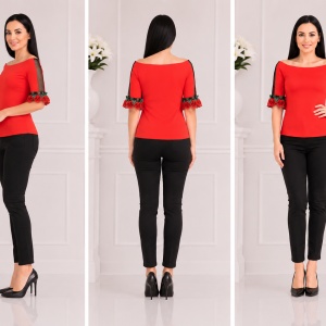 Bluza moderna rosie cu talie scurta cu broderie florala la maneca - Img 3