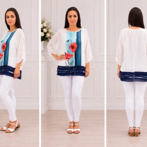 Bluza moderna, tinereasca, alba cu model floral rosu-bleumarin - Img 3