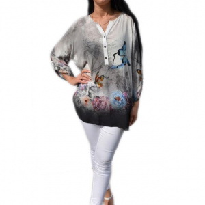 Bluza moderna, tinereasca, gri cu model de fluturi colorate - Img 1