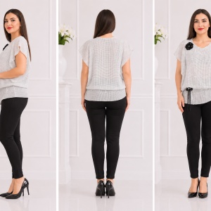 Bluza trendy din voal, nuanta alba cu buline negre si elastic - Img 2
