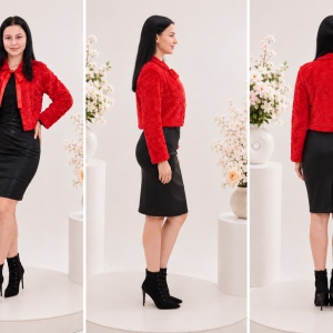 Bolero Alice din blana sintetica, scurt in talie si maneca lunga, nuanta rosu - Img 2