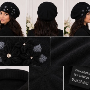 Caciula calduroasa Maya ,model cu 3 flori si aplicatii de margele ,nuanta de negru - Img 3