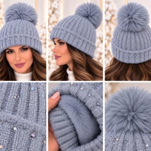 Caciula moderna din angora tricotat de nuanta gri, cu pompon si cristale , paiete - Img 2