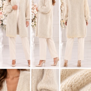 Cardigan Damă Lung Crem deschis din Tricot cu Mohair și Lână – Model Elegant - Img 2
