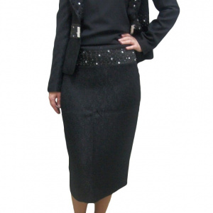 Costum negru, elegant, cu fusta midi, sacou cu maneca lung - Img 1