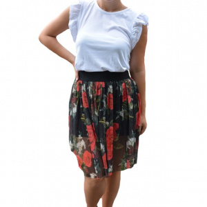 Fusta Stefannie, imprimeu floral si elastic in talie, nuanta de negru - Img 1